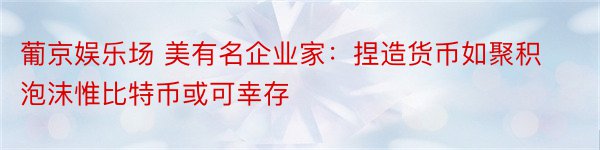 葡京娱乐场 美有名企业家：捏造货币如聚积泡沫惟比特币或可幸存